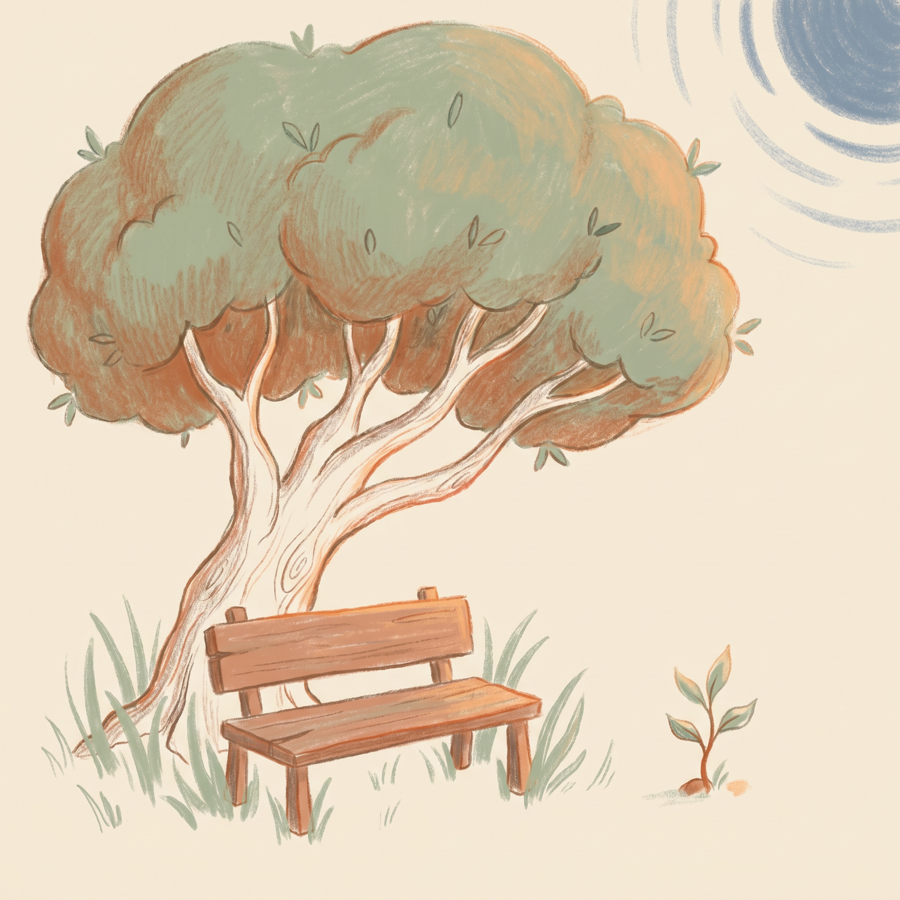 Ilustração de uma árvore grande junto a um banco de jardim, em tons quentes de creme.