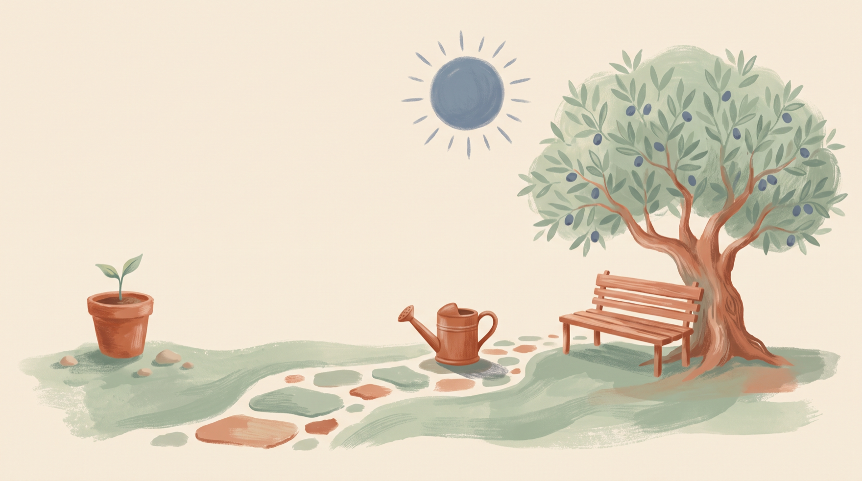 Ilustração contínua de um jardim, simbolizando a jornada do apoio domiciliário ao lar.