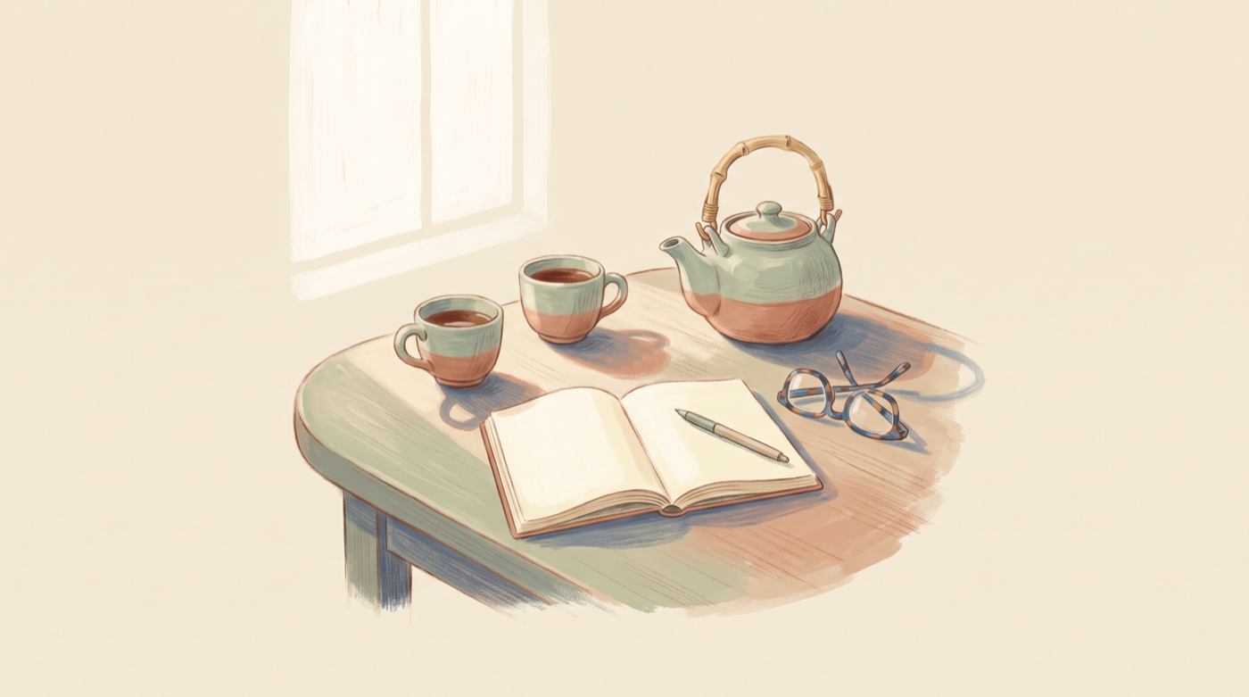 Ilustração de um bule, chávenas de chá e um caderno aberto sobre uma mesa de madeira clara.